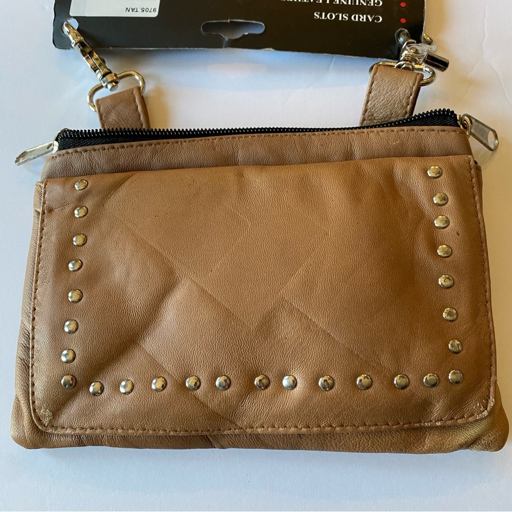 Unik Vintage Tan Cowhide Motorcycle Clip On Bag - NWT -Studded -Shoulder Strap